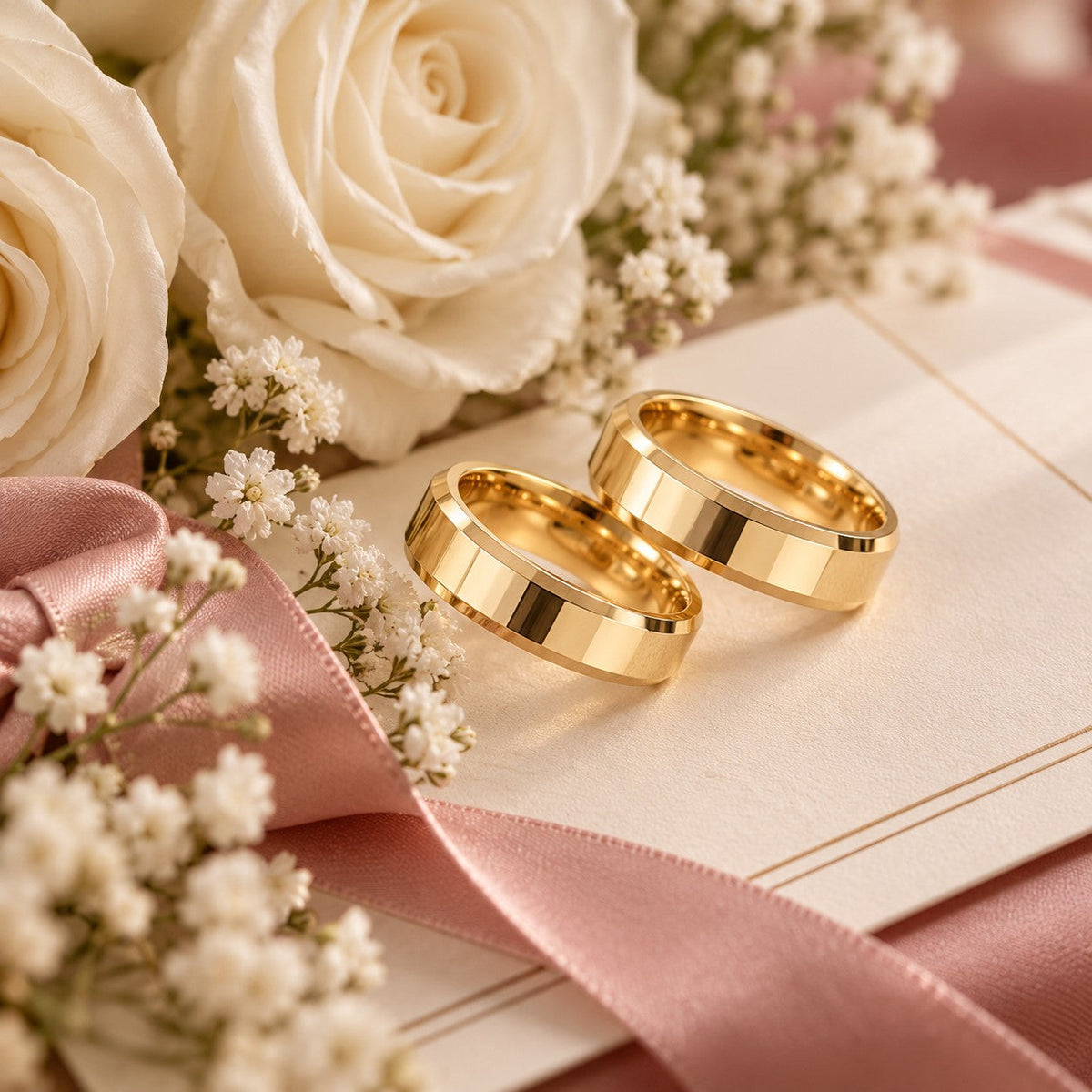 Par de alianças de casamento sobre convite e rosas brancas