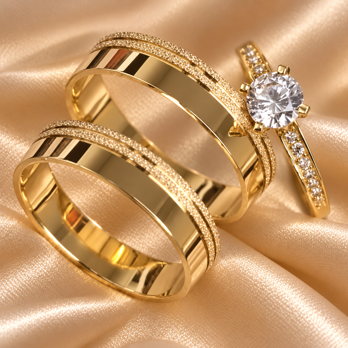 Combo Alianca Luxo Mas Anel Solitario Cravejado Revestidas A Ouro 18K De 6Mm