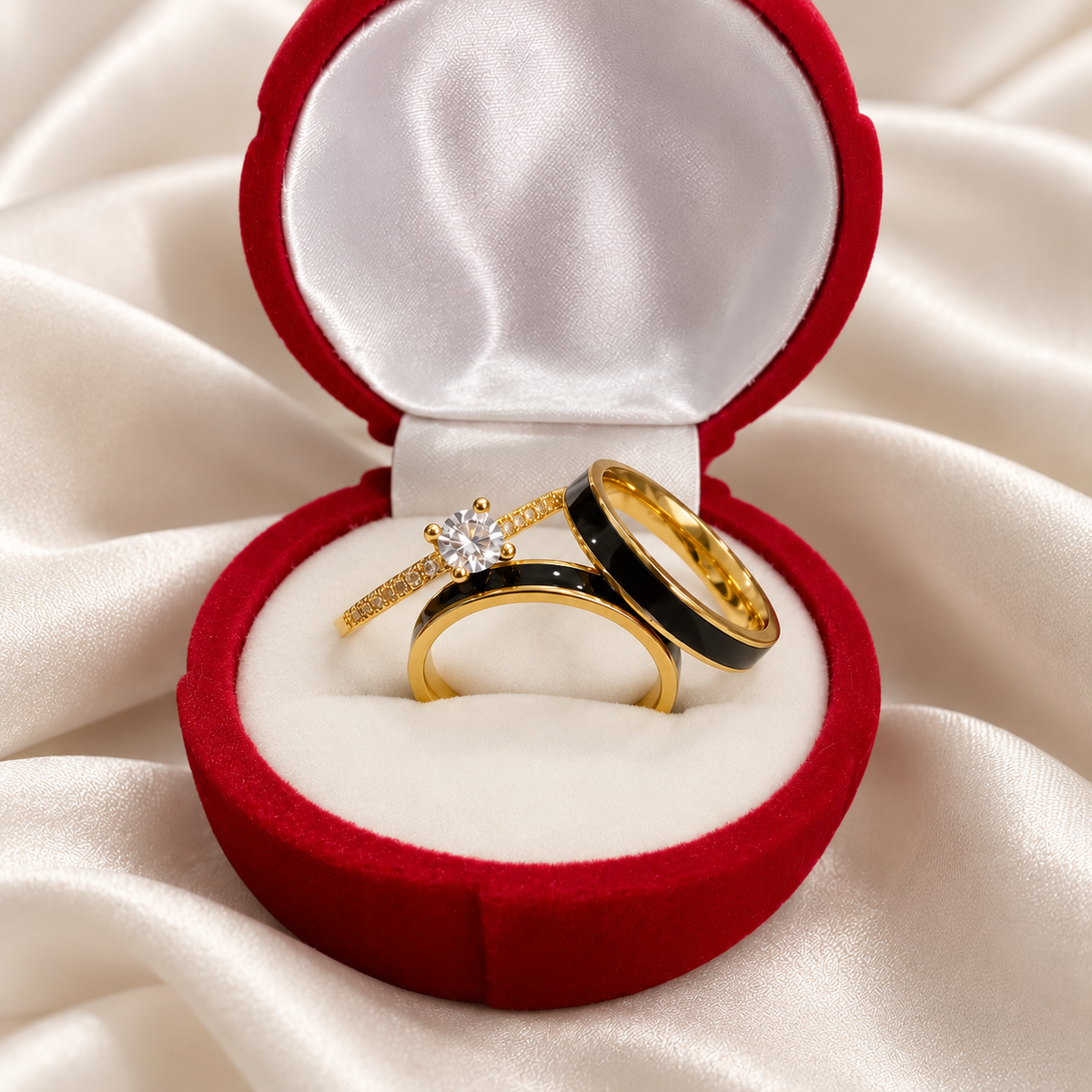 Combo Alianca Tradicional 4Mm Com Friso Preto Solitario Cravejado Revestidas A Ouro 18K